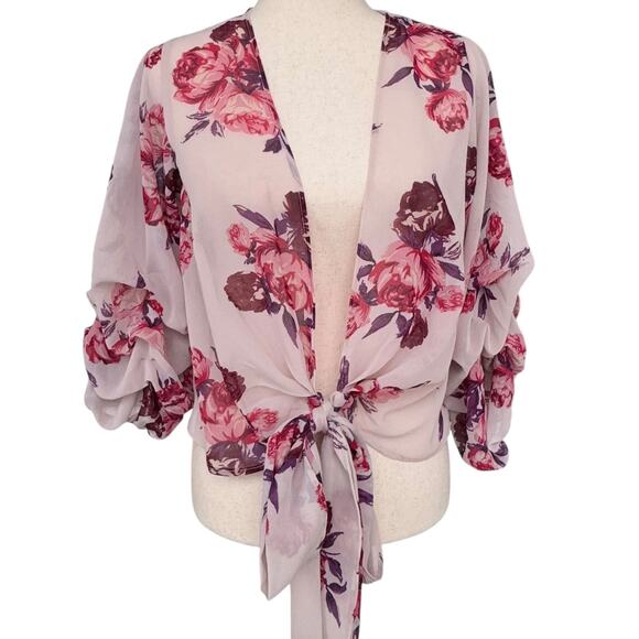 Live 4 Truth Tops - Live 4 Truth Floral Tie Front Kimono Crop Top Boho Puff Sleeve Cardigan XS NWT